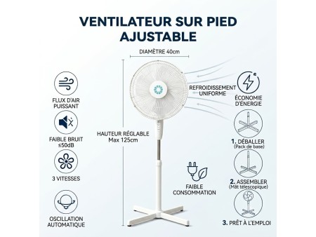 Ventilateur sur Pied Silencieux 40 cm – Hauteur Réglable & Oscillation